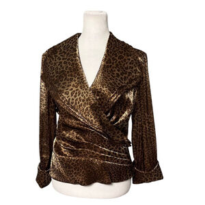 Cachet Satin Leopard Faux Wrap Portrait Collar Blouse Size 6